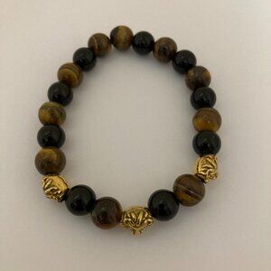 Mens Tiger Eye Black Onyx Bracelet 10mm Lion Head
